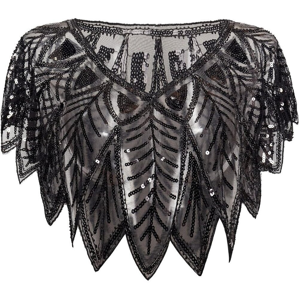 BABEYOND 1920s Sequin Black Shawl Wrap Evening Cape Bridal Bolero Flapper Cover